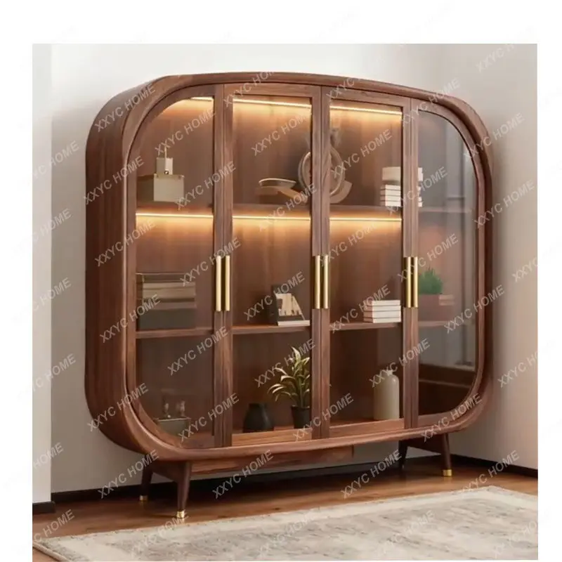 Solid wood bookcase household living room wall storage cabinet bookshelf glass door wine cabinet