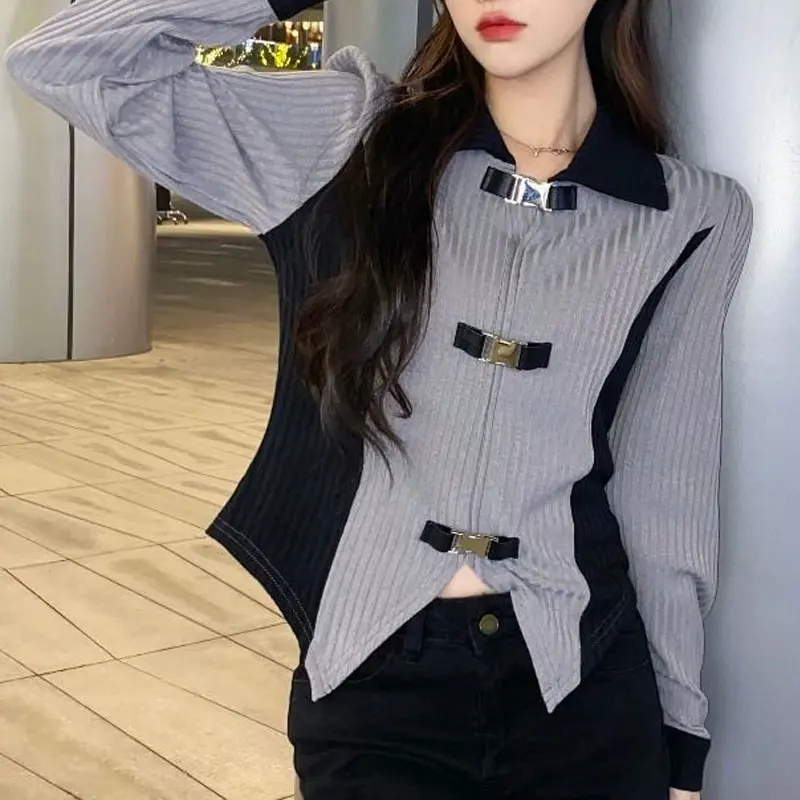 Korean Solid Color Patchwork Shirt Spring Autumn Long Sleeve Women\'s Clothing Commute Polo-Neck Casual Fashion Irregular Blouse