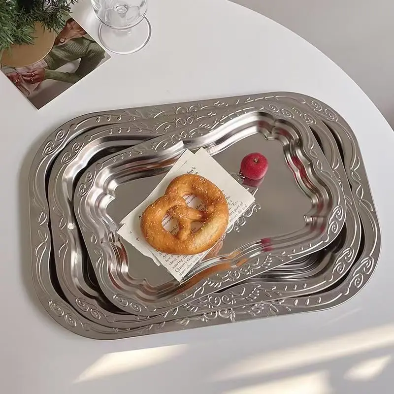 

Vintage Tray Stainless Steel Dessert Tray for Dessert Cake Jewelry Ring Display Storage Organizer Snack Plate Dining Table Decor