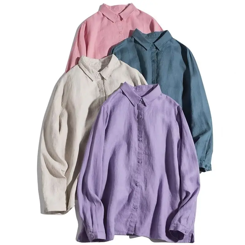 Lâche coton lin Long Sve irt col carré artistique basique Sle trajet femmes haut printemps automne nouveauté