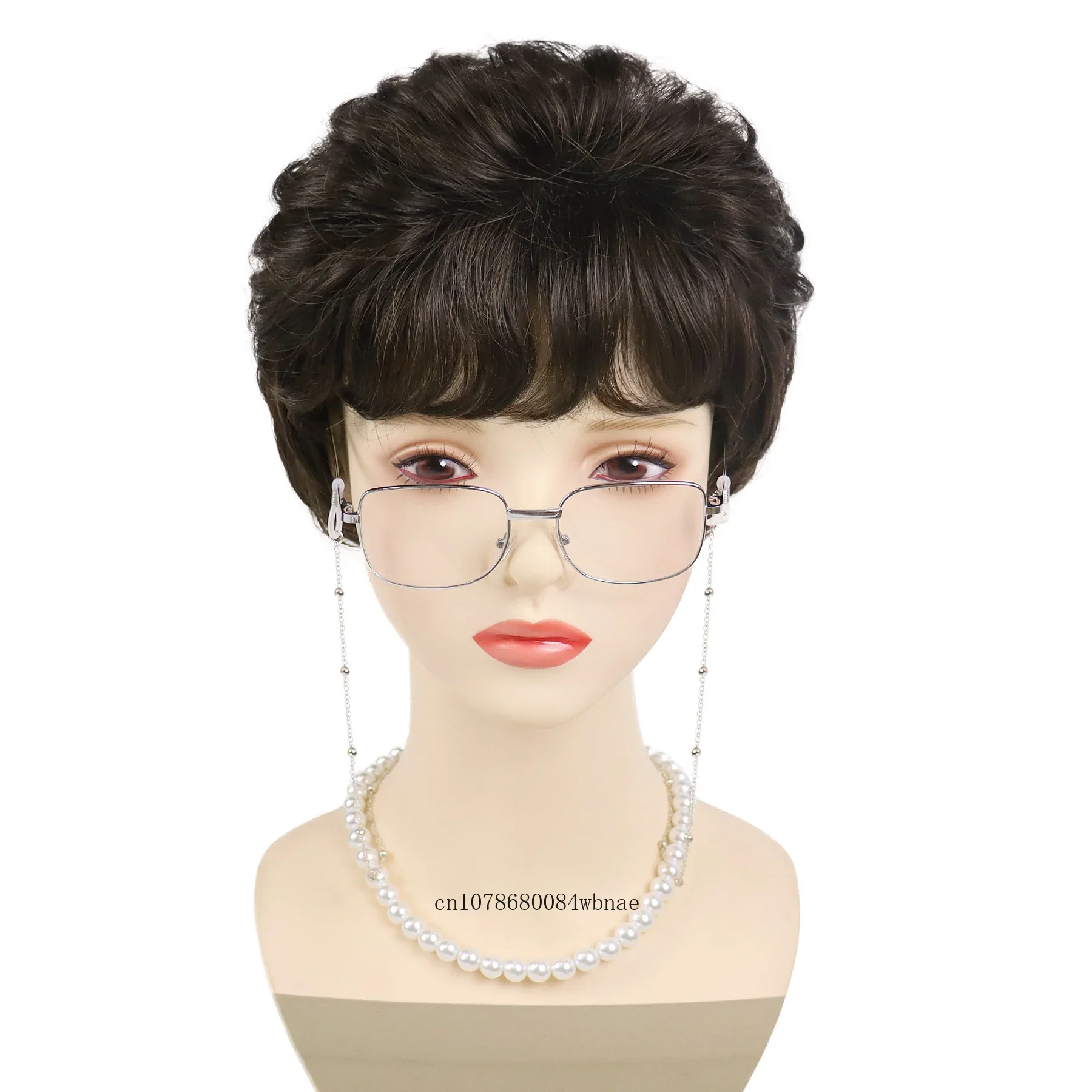 Synthetic Hair Short Black Curly Wigs for Women Granny Cosplay Costume Set with Glasses Chain Necklace Daily Blanche Mommy Wig