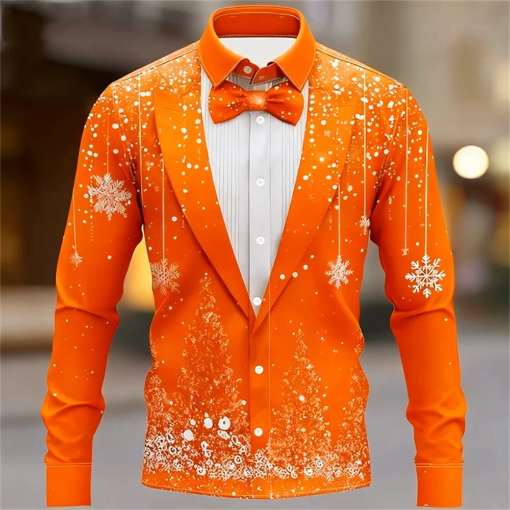 10 Color Snowflake Christmas Print Long Sleeved Lapel Cardigan Shirt Fashionable Social Party Clothing for Family Holiday Events