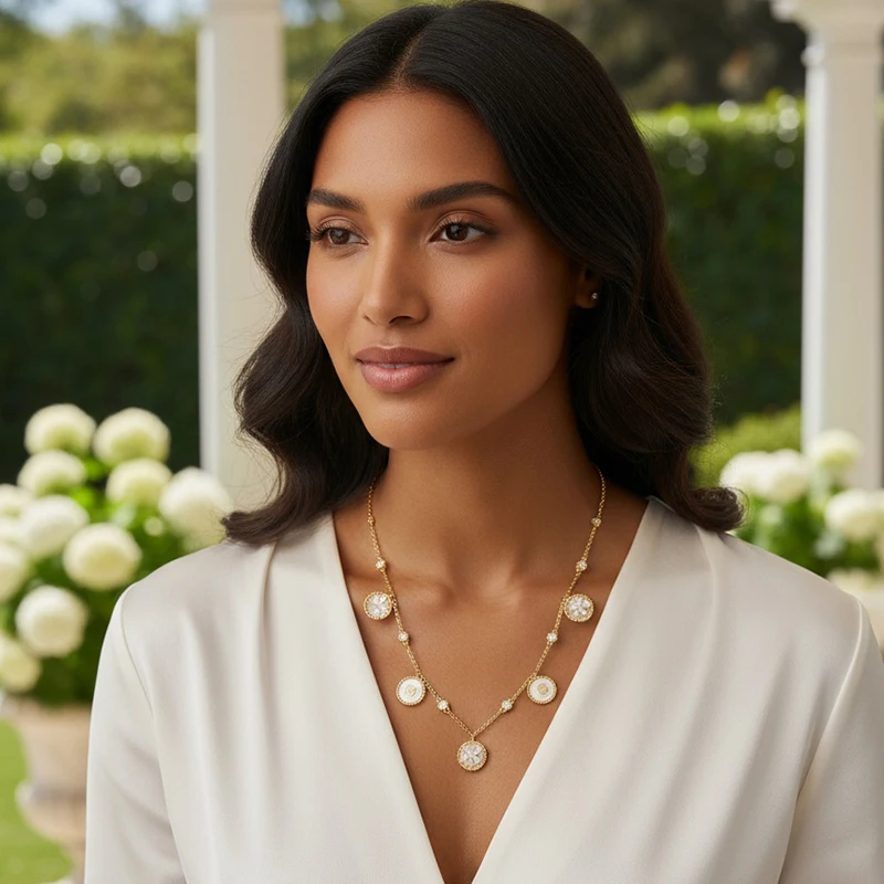 

CH Light Luxury Jewelry Set Mother Of Pearl Circle Pendant Floral Zirconia Gold Plated Elegant Necklace Earrings Bracelet Gift