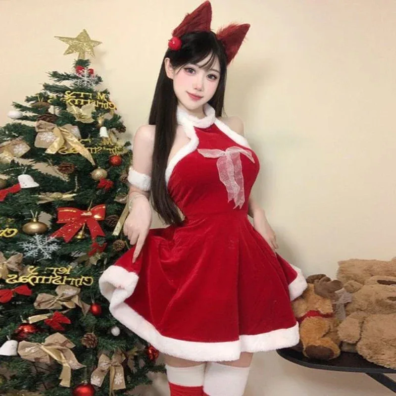 فستان بحمالات عيد الميلاد بدون ظهر، زي حفلة عيد الميلاد، زي نسائي أحمر للعام الجديد، زي لعب الأدوار، مجموعة فتاة لطيفة