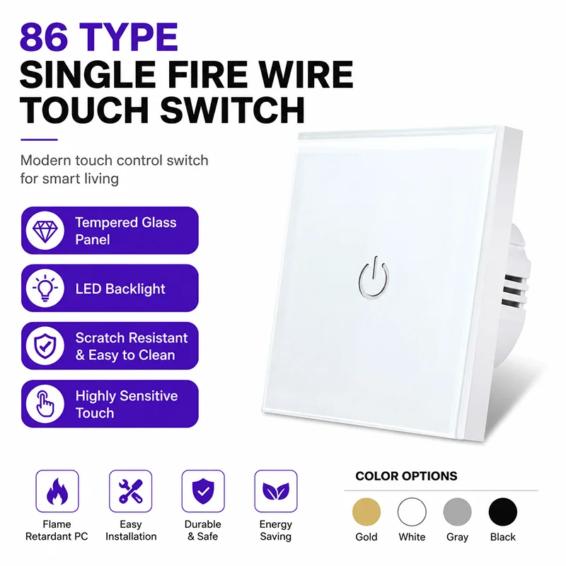 86mm European Standard Tempered Glass Single-pole Switch Panel 110-240V Single-wire Recessed Dimmer Touch Lighting Accessories
