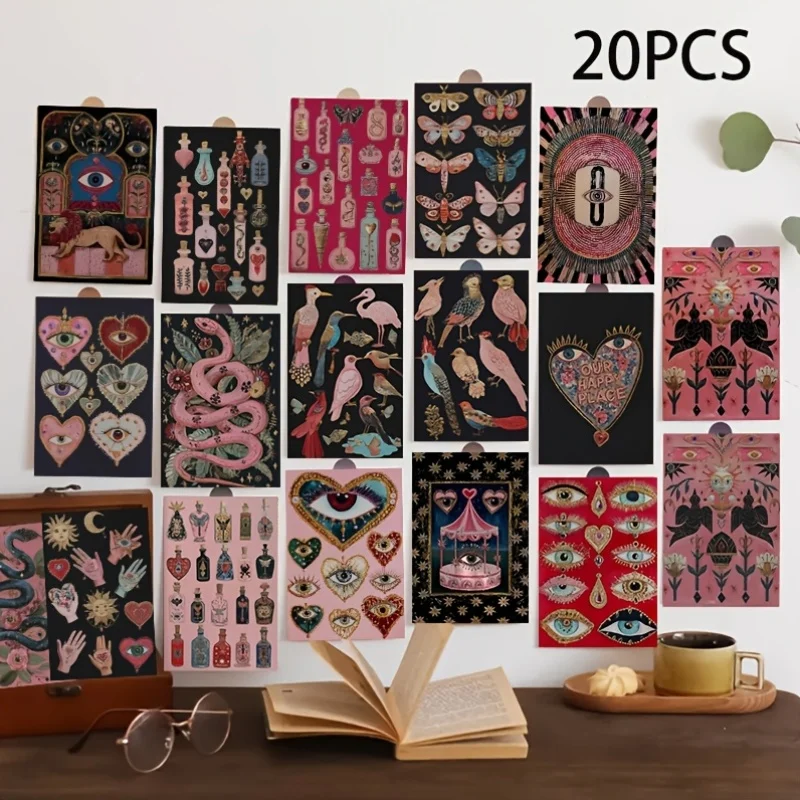 20PCS Vintage Art Postcards, Abstract Eye Newspaper Elements, Living Room, Bedroom, Study, Dormitory Background Wall Decoration