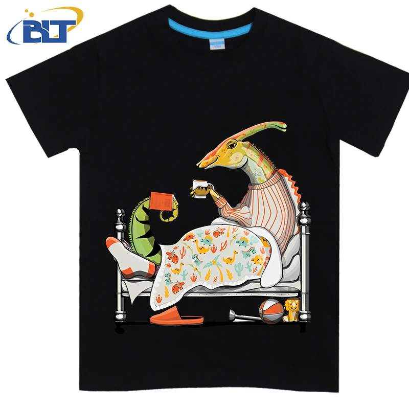 Camiseta con estampado de dinosaurio para niños, playera de algodón de manga corta para dormir, tops informales