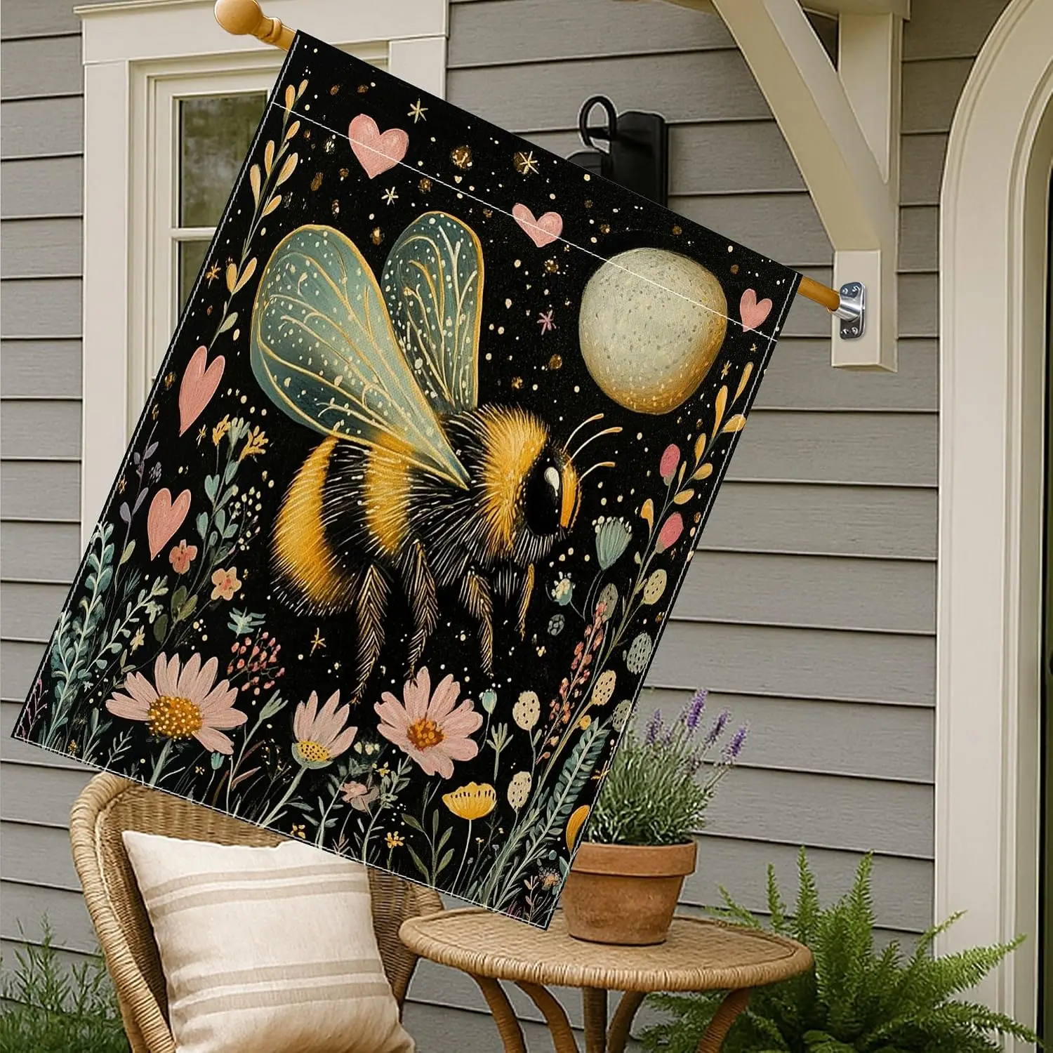 Spring Bumble Bees House Flags 28x40 Inch Double Sided, Mysterious Floral Standard Burlap Home Flags, Insect Backyard Flags  MMZ