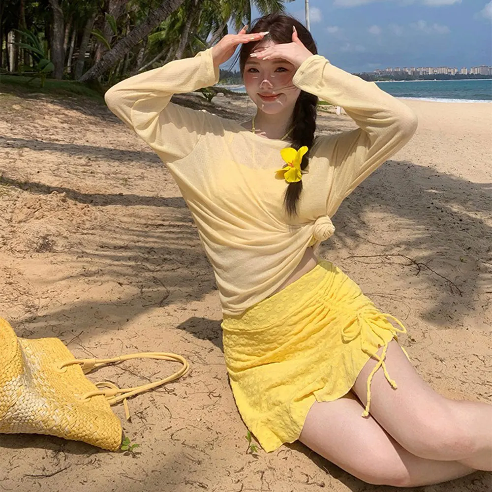 

Модный и комфортный пляжный комплект для отпуска 2026: женский раздельный купальник из трех предметов с накидкой с длинным рукавом, большие размеры