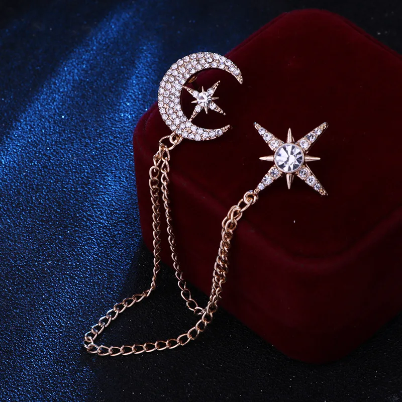 Korean Fashion Moon Starry Brooches For Couple Accessories Elegant Rhinestone Chains Tassels Star Brooch For Women Men Jewelry