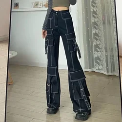 Trousers Straight Leg Womens Jeans High Waist Shot Black with Pockets Pants for Women Cargo Korean Fashion Medium Wash Spring R