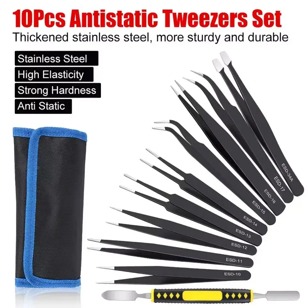 

9/10pcs Curved/Straight Design Precision Tweezers Set Durable Black Industrial Repair Tools Multiple Sizes with Storage Bag