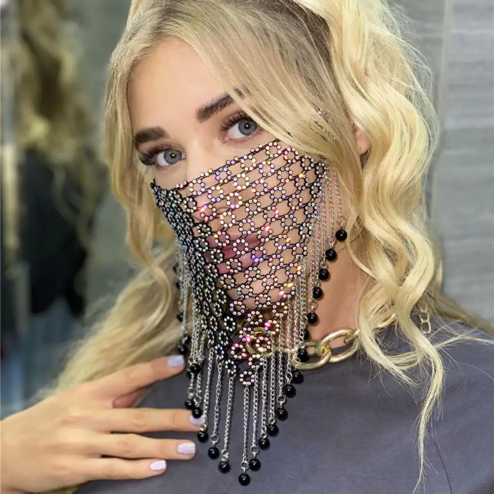 Black Mesh Face Guard Shiny Rhinestones Mesh Face Guard with Adjustable Lace-up Tassel for Masquerade Halloween Rave for Women