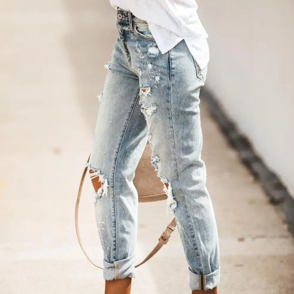 Fashion Slim Jeans Autumn Shaping Denim Ripped Holes Pencil Jeans  Women Jeans Mid Waist