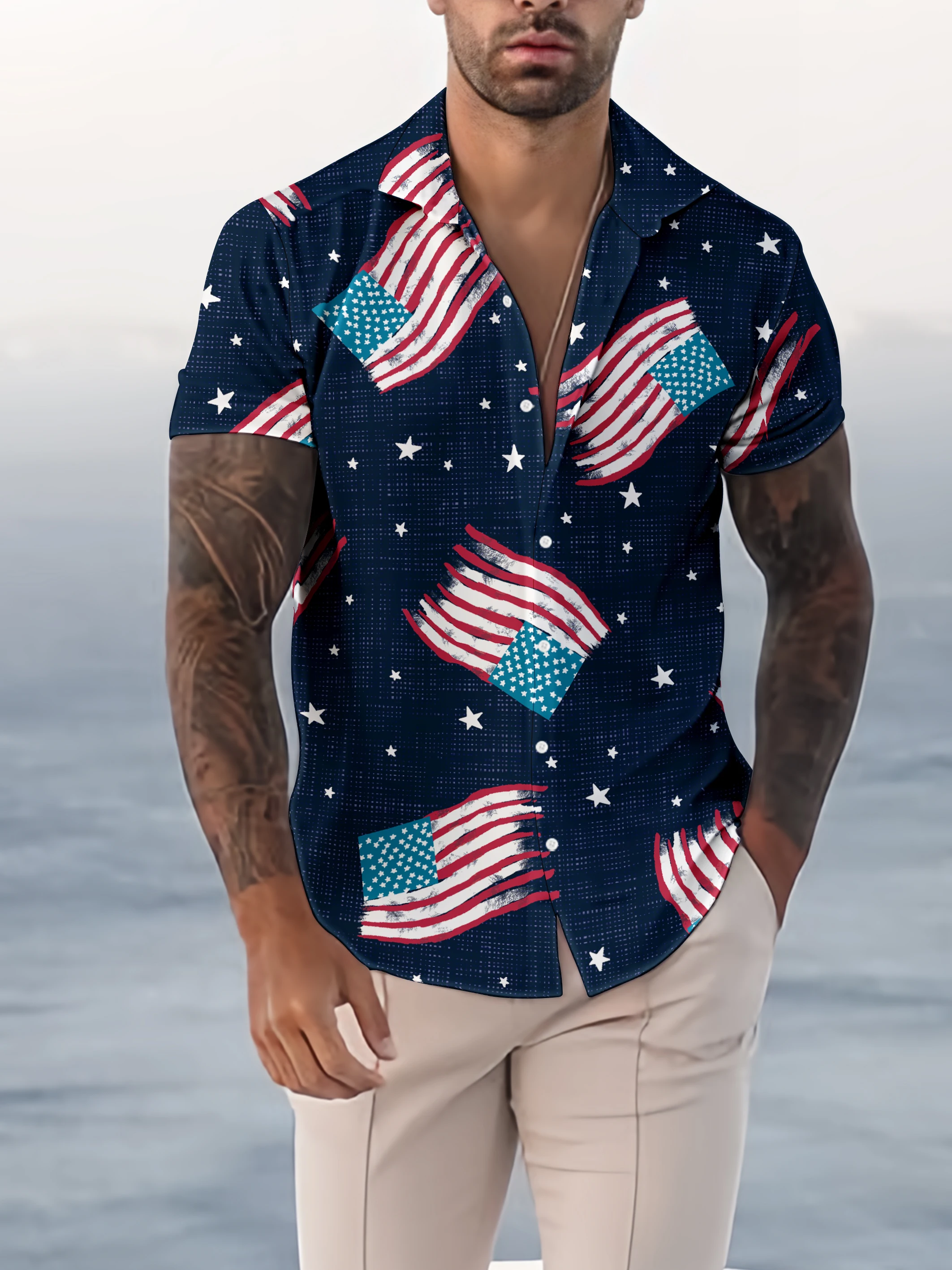 

Fashion Star Spangled Flag Coconut Beach Beer Bubble 3D Printing Hawaii Beach Leisure Party Street Men's Short sleeved Shirt