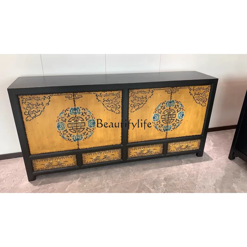 

New Chinese Style Furniture Painted TV Cabinet Solid Wood Antique Hand Painted Mongolian Style Audiovisual Storage Cabinet
