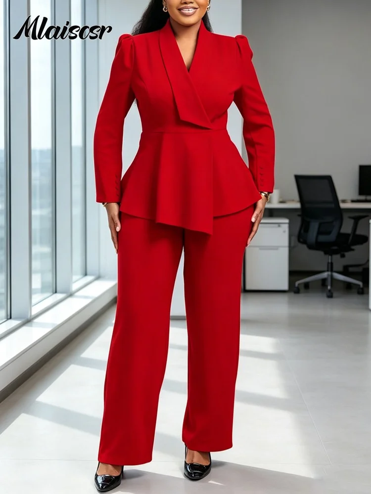 African Women Red Two Piece Pants Set Long Sleeve Blazer Lapel Collar Structured Shoulder Straight Leg Pants for Office Party