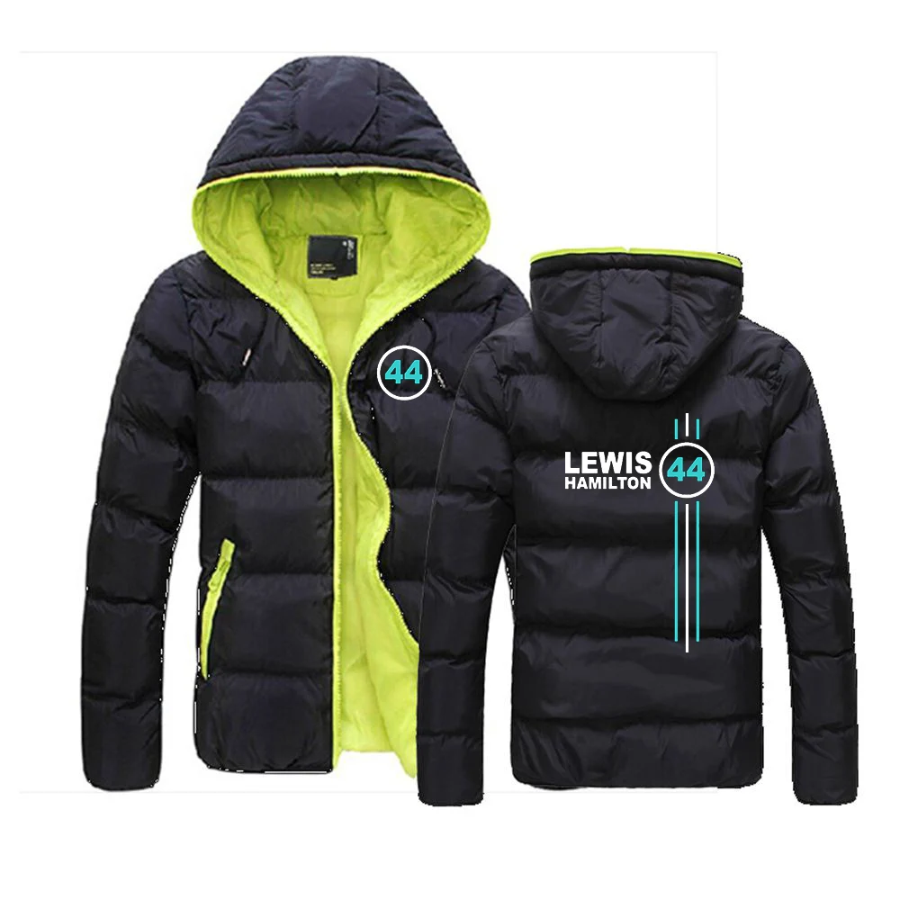 F1 driver Lewis Hamilton digital 44 Print Men Autumn Winter Color Block Zipper Warm Cotton Coat Hooded Jacket Fashion Outdoor