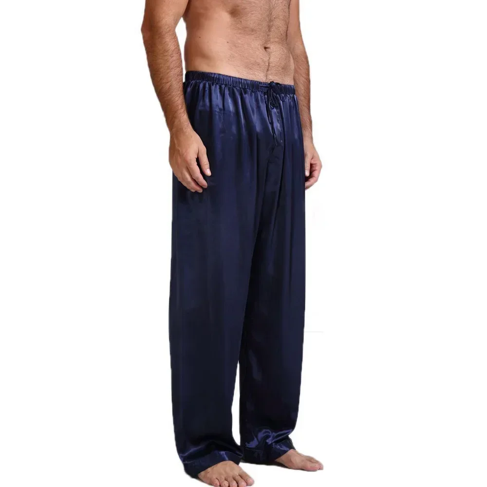 Imitado seda cetim masculino cor sólida respirável macio sleep bottoms pijamas calças pijamas roupas