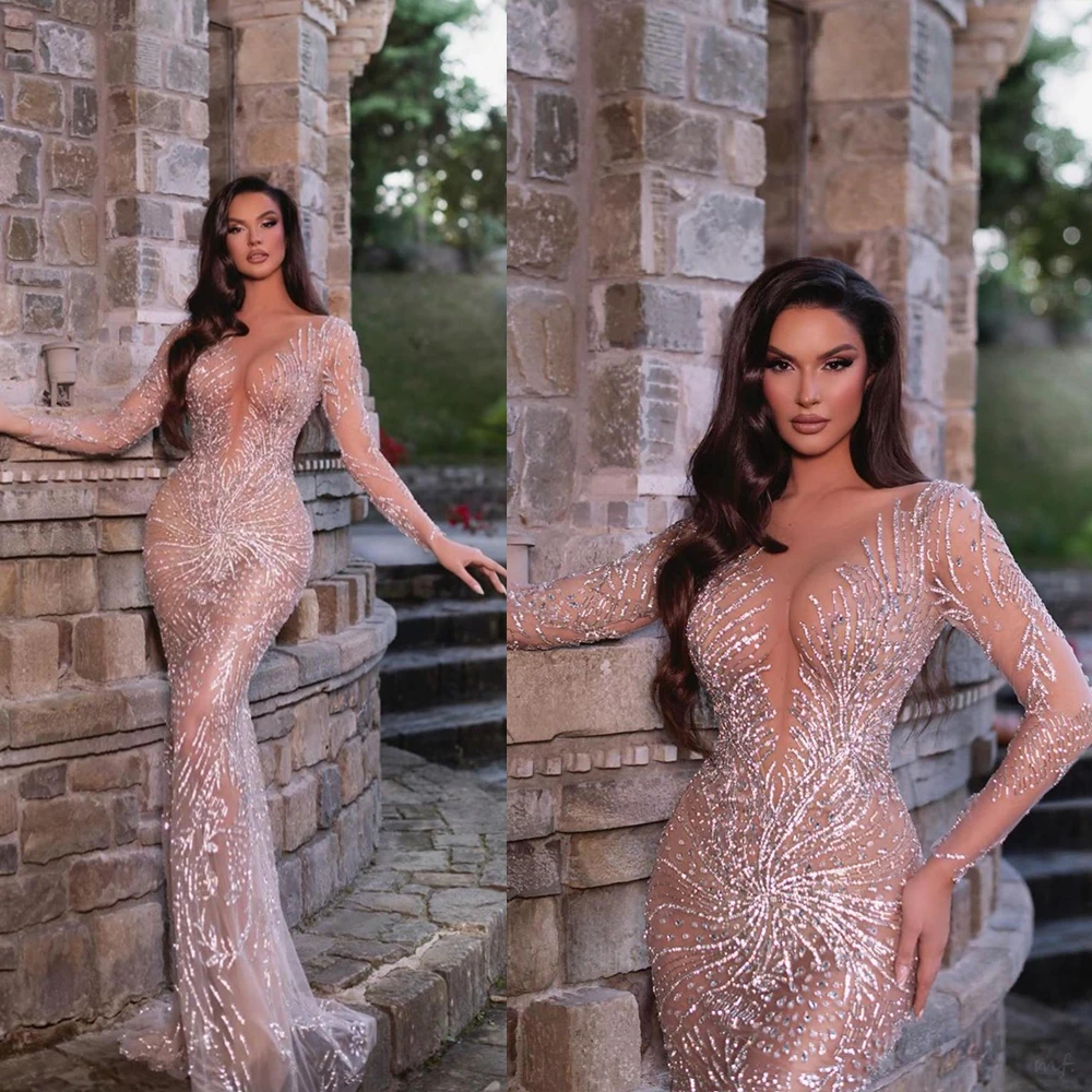 

Luxury Evening Dresses Mermaid High Collar Rhinestones Crystals Long Sleeve Prom Dresses فساتين سهرة Custom Made