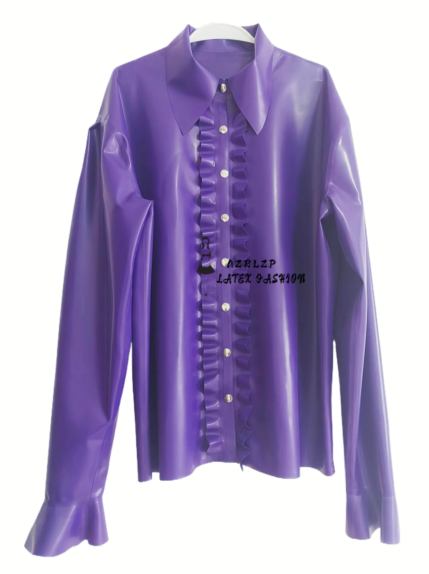 

Latex Ruffles Shirts Lady Puff Long Sleeve Blosue Zipper Turn-down Collar Rubber Women's Tops