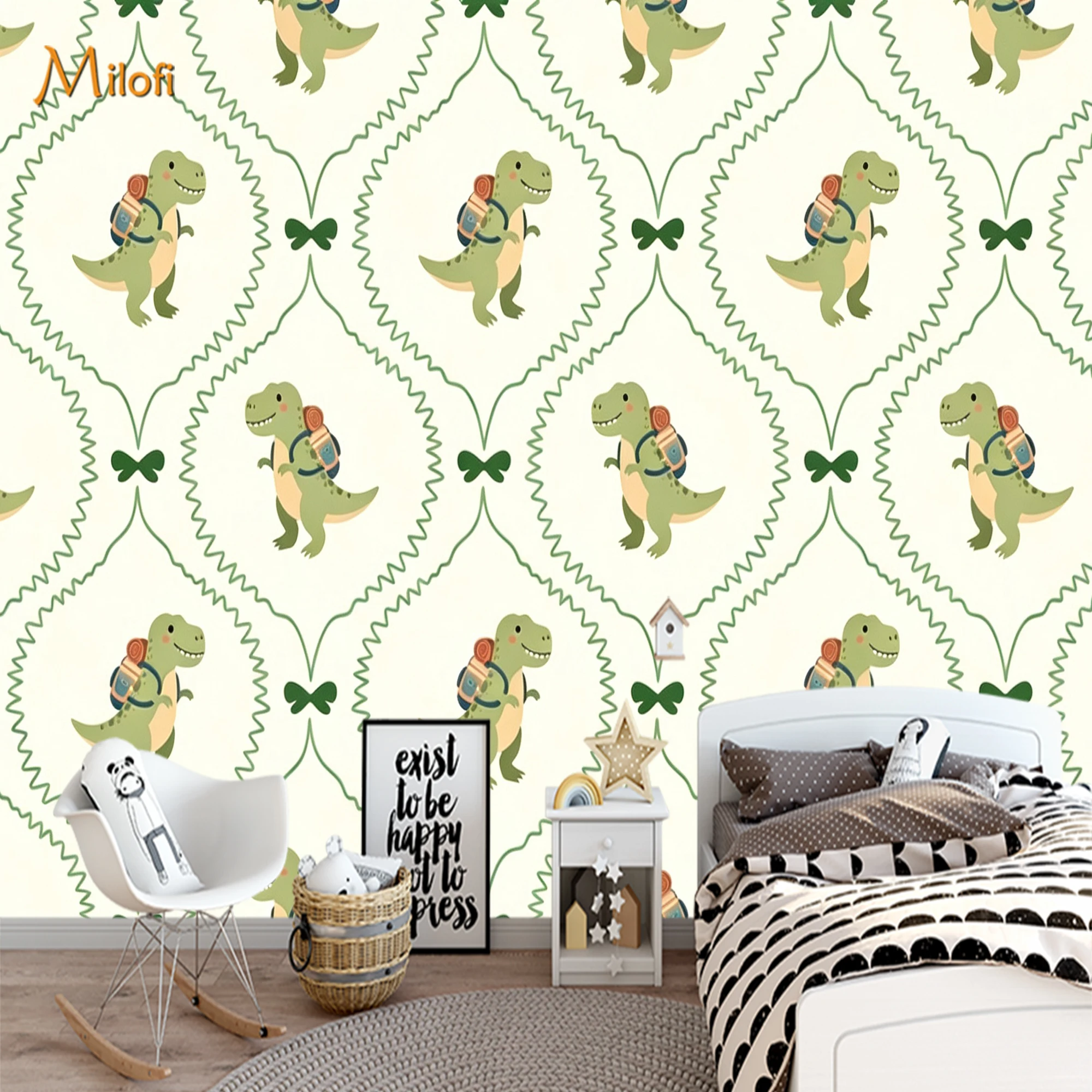 Custom Cute Dinosaur Pattern Mural Wallpaper Cartoon T-Rex with Backpack Green Geometric  for Boys Kids Bedroom Nursery Decor