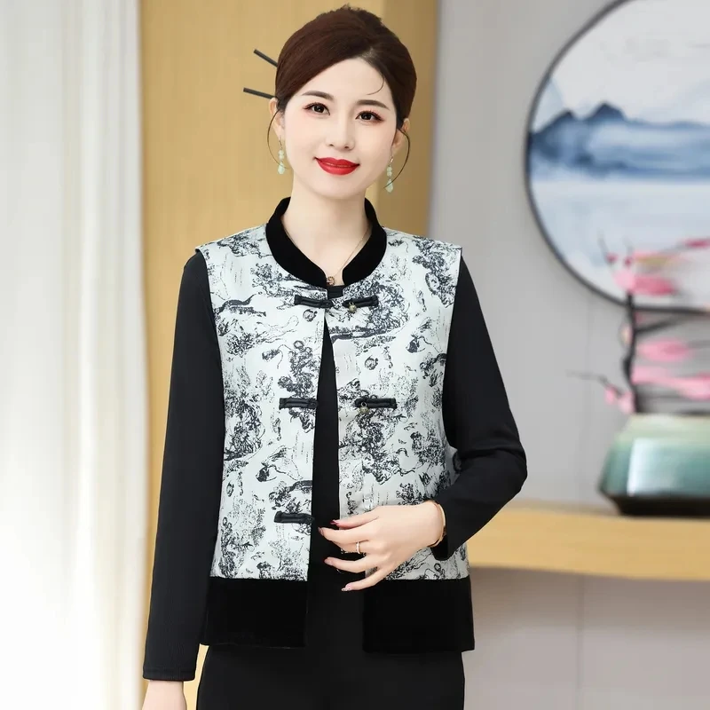 Spring Autumn Women Sleeveless Vest Coat 2024 Guofeng Pankou Ink Painting Waistcoat Jacket Mom Stand-up Collar Printing Vest Top