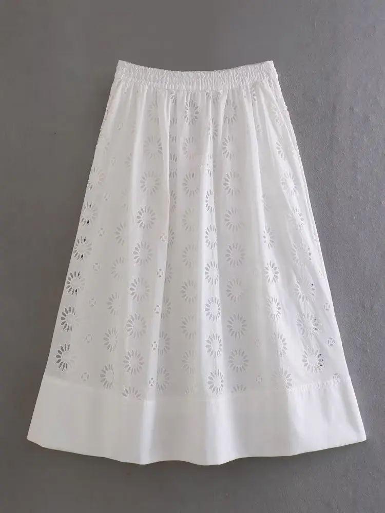 

Kumsvag 2023 Women Summer MIDI Skirts Sweet White Hollow Out Embroidery Elastic waist Female Elegant Street Loose Skirt Clothing