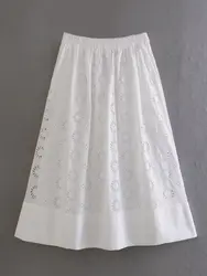 Kumsvag 2023 Women Summer MIDI Skirts Sweet White Hollow Out Embroidery Elastic waist Female Elegant Street Loose Skirt Clothing