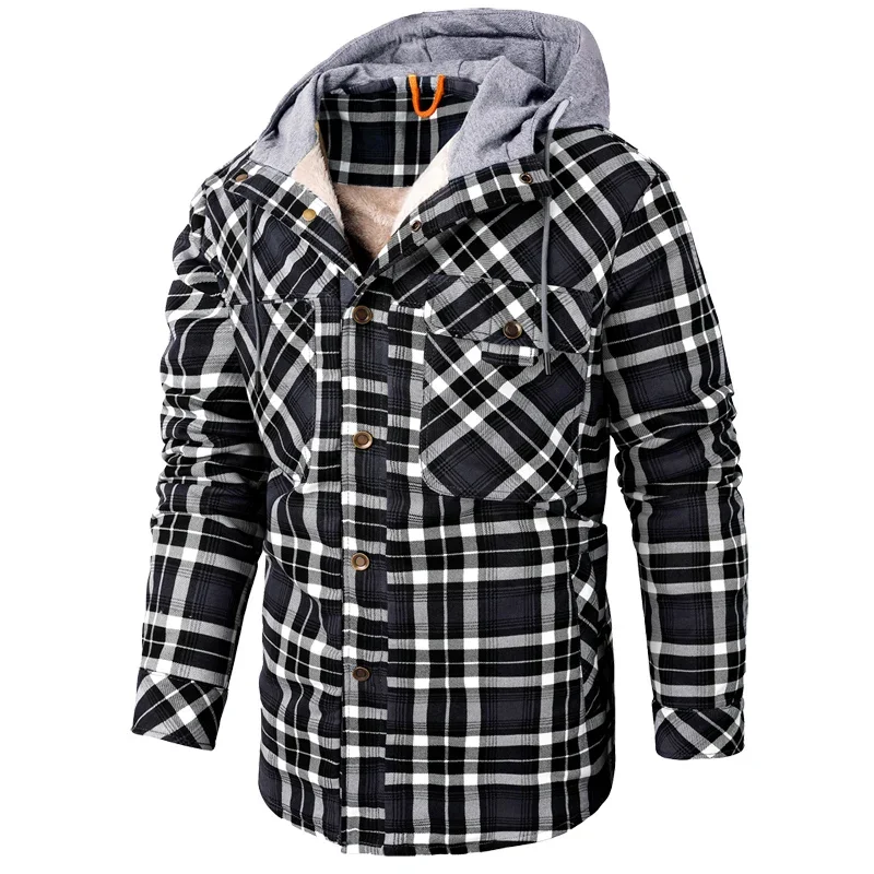 2023 Winter Plaid Shirt Jacket Men Long Sleeve Male Turn-Down Collar Button Wool Jackets Coat Fleece Overcoat Jacket US Big Size