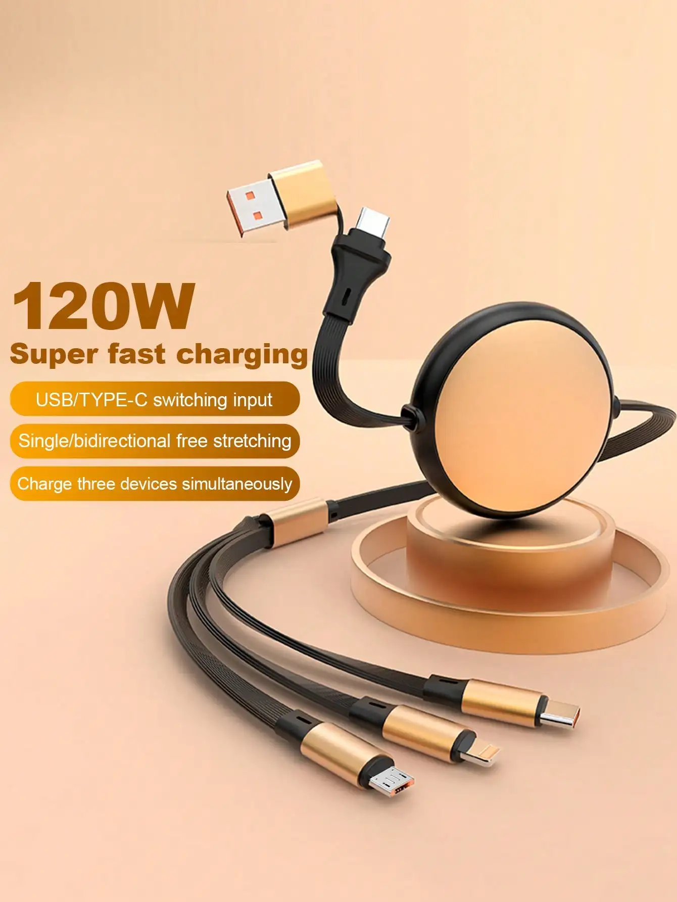 6-In-1 Retractable Fast Charging Cable Durable TPE Multi Function Charging Data Line Universal One Tow Three Phone Charging Cord Compatible with iPhone Samsung Xiaomi All Smart Phones Portable High Speed Charger Cable for Home Travel Use