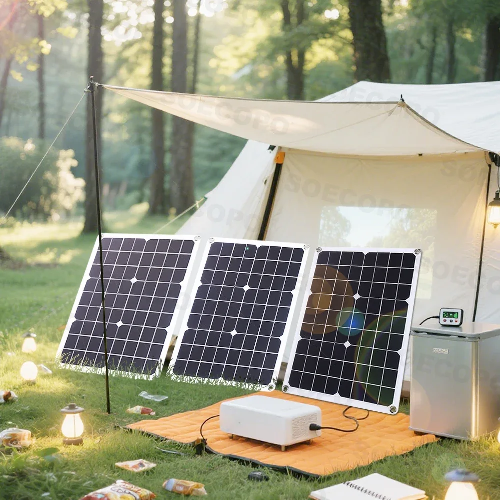 مجموعة الألواح الشمسية المحمولة بقدرة 1500 وات من SOECOPO - 3 ألواح كهروضوئية مجانية 100 أمبير وحدة تحكم USB 5 فولت لمعدات التخييم والرحلات الخارجية