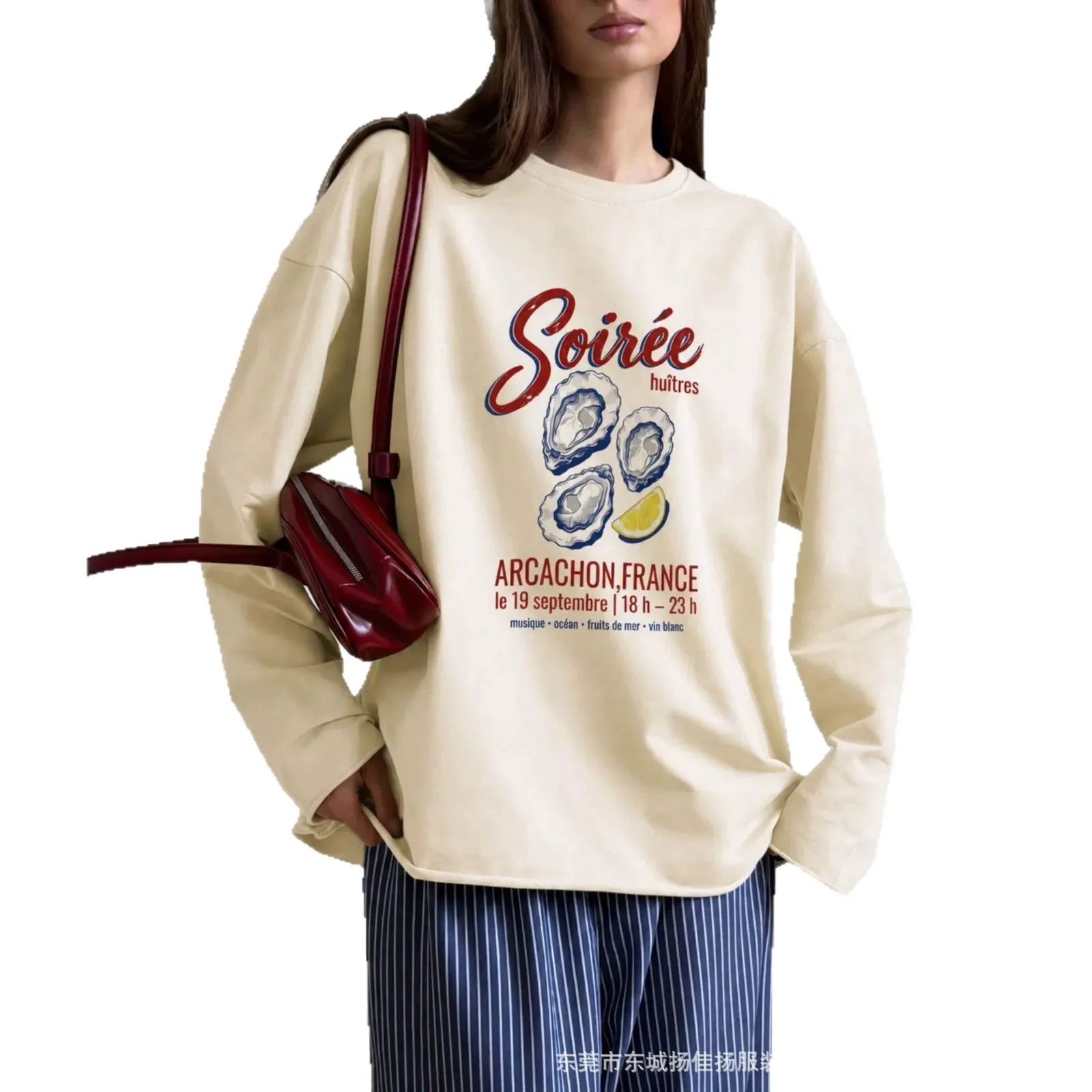 Sweet Vintage French Coastal Aesthetic Women Cotton Long Sleeve T‑Shirt Oyster Seafood Lemon Print Crew Neck Loose Casual Top