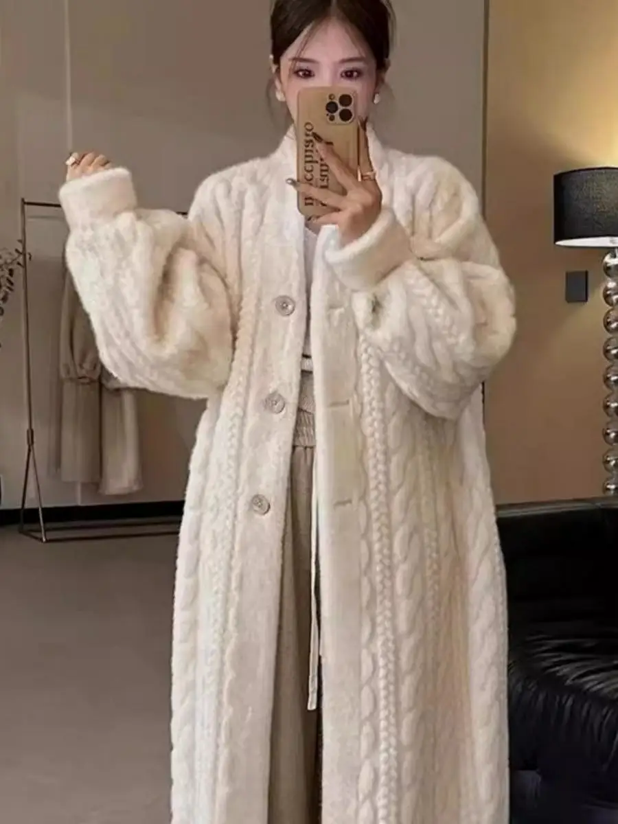 Eco-Friendly Long Fur Coat Women's Winter Faionable Mink Fur Jaet Thiened Long Sve Street Sle Adult Coat