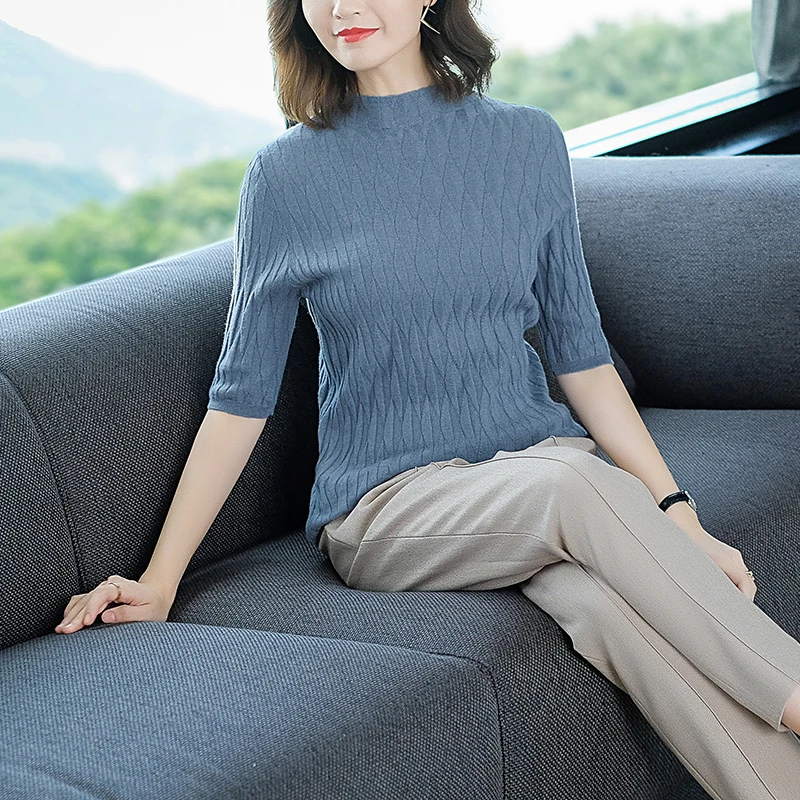 100% Wool Tee Women's 2022 Spring Sweater Blouse Elegant Ladies Elastic Pure Wool T-Shirts Half Sleeve Female Knit wear Tops