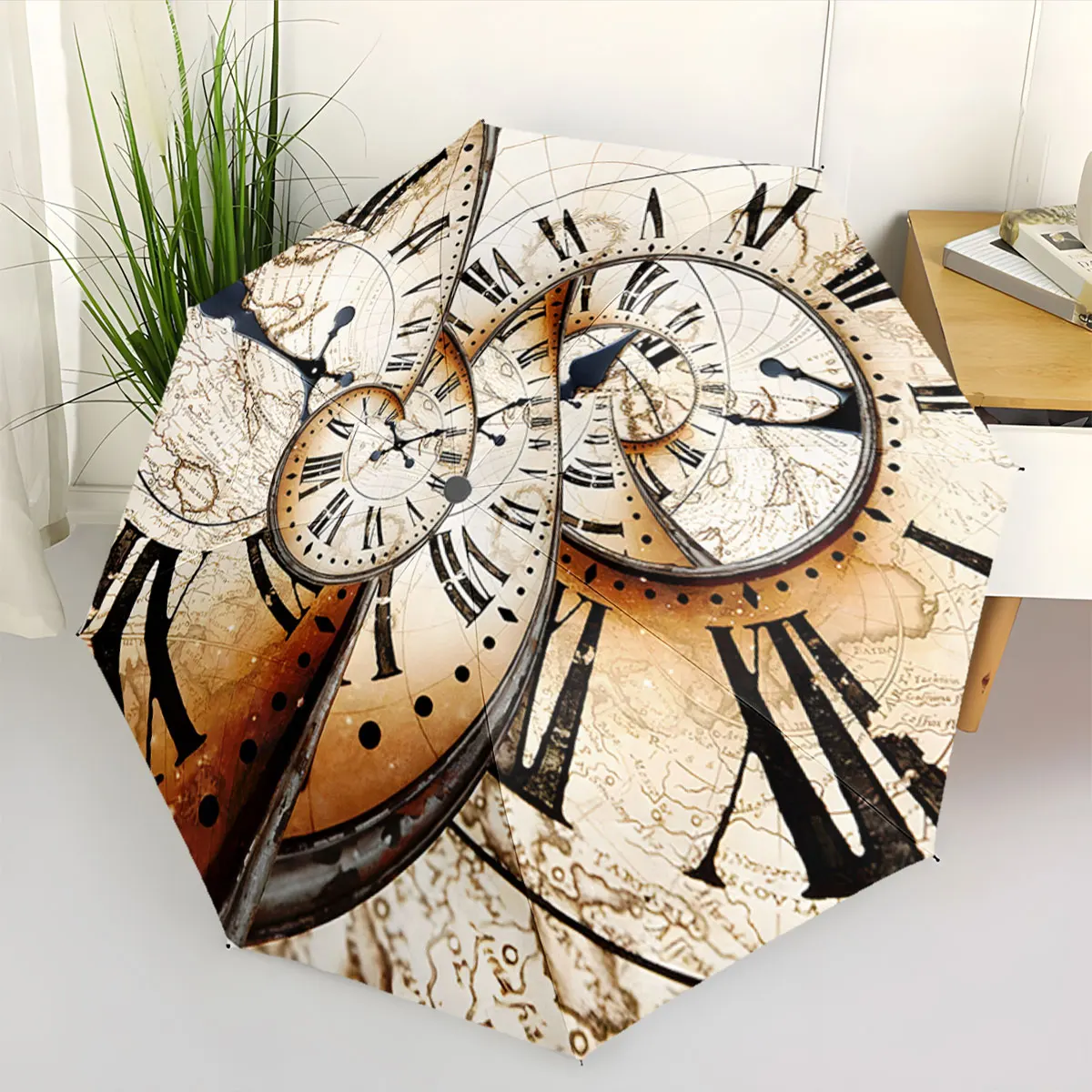 1PC Timeless Elegance: Clock-themed Umbrella Design Print 8 Iron Ribs Folding Umbrella Auto-Open Fashion Sunshade