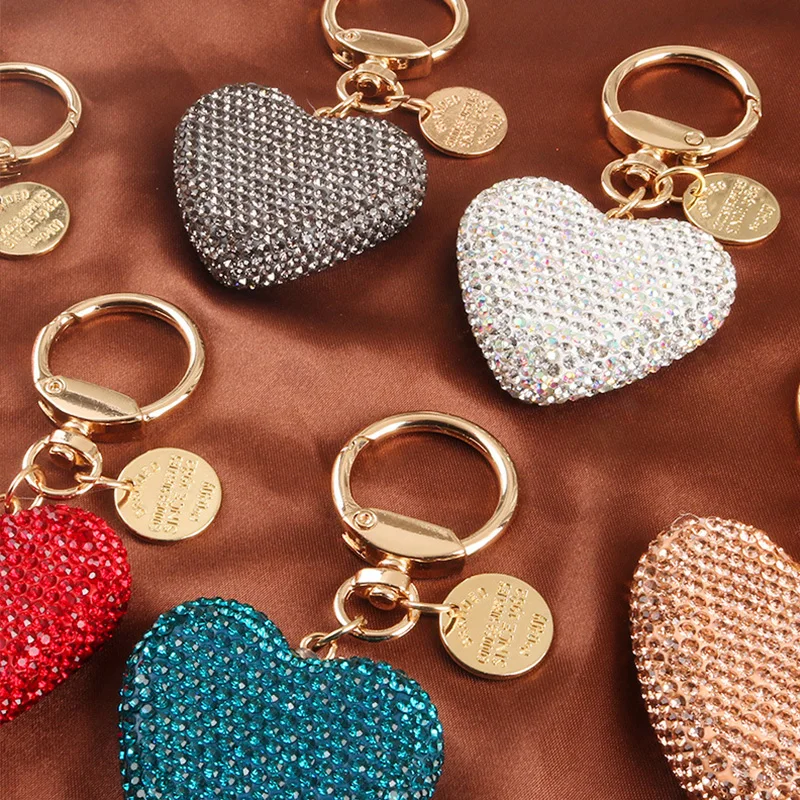Full Rhinestone Heart Key Chains Women Handbag Pendant Keyring Solid Color Crystal Key Chain Couple Peach Heart Key Rings