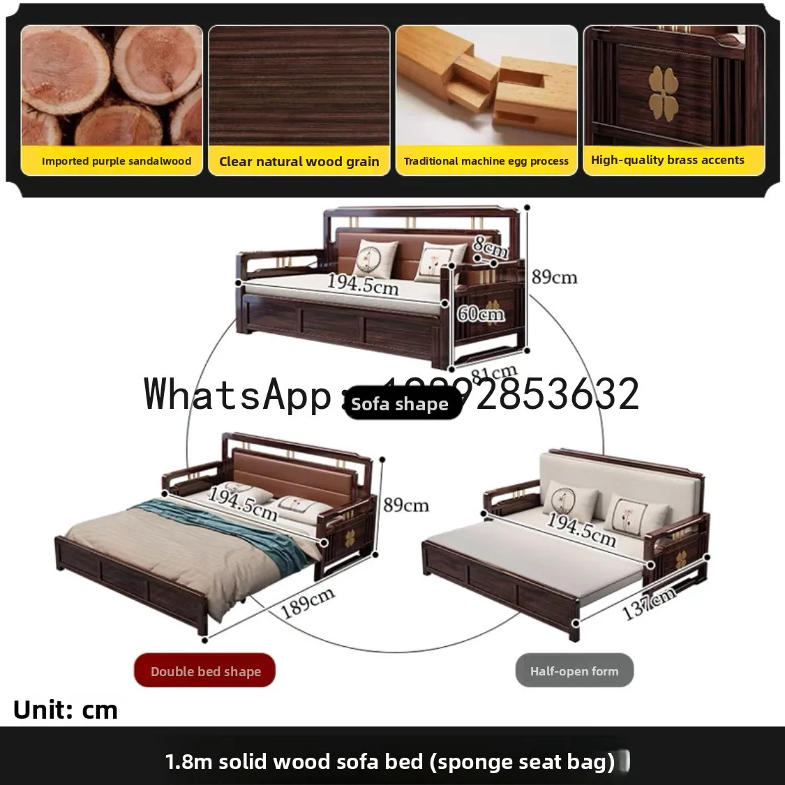 YFY New Chinese Style Purple Sandalwood Extendable Folding Dual-use Small  Sofa Bed Modern Living   All Solid Wood Furniture
