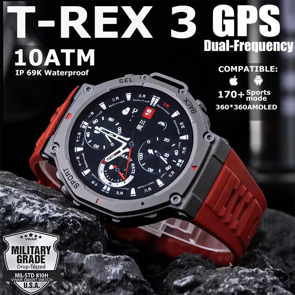 

2025 New Military T-Rex 3 GPS Sports SmartWatch Compass Altimeter 10ATM Waterproof 500mAh Battery Bluetooth Call Smartwatch Men