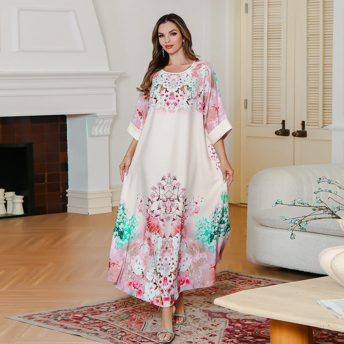 Verão novo vestido muçulmano impresso festa médio oriente vestido longo abaya strass impresso robe