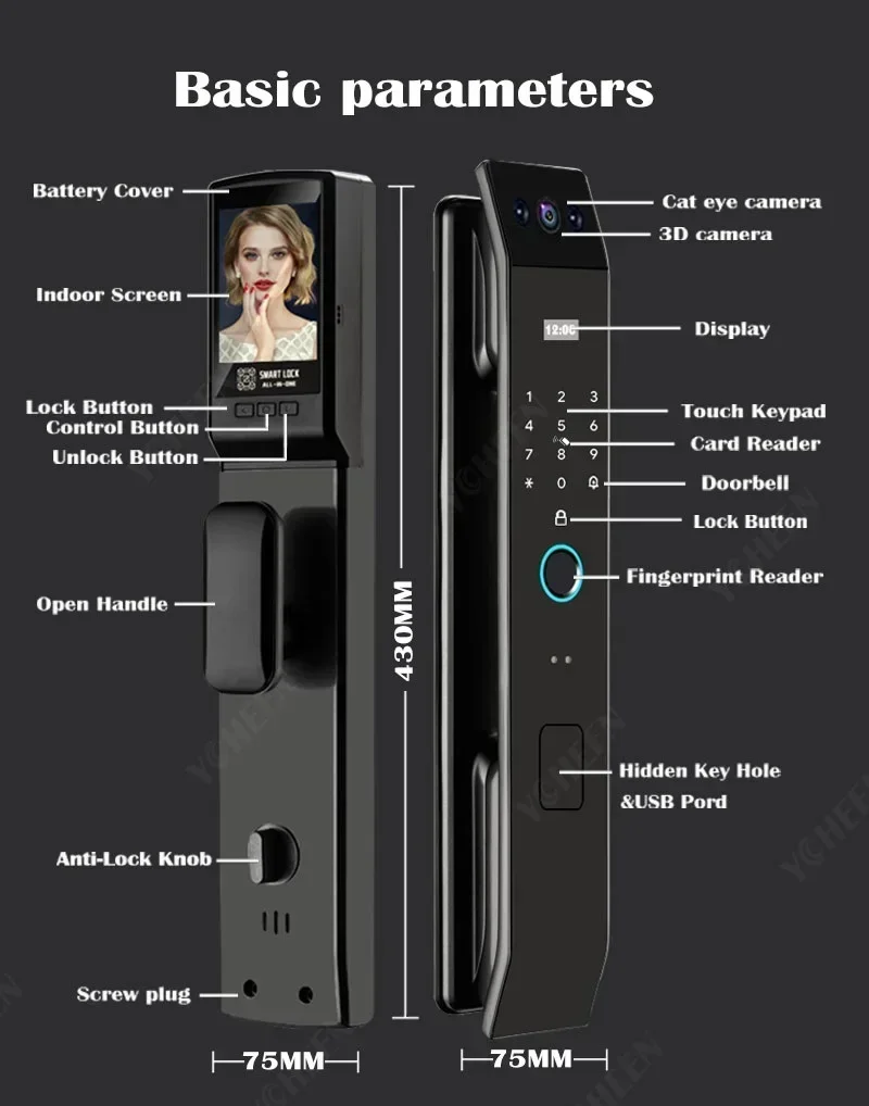 YyhcyyhcTuya Wifi 3D Face Recognition Digital Smart Lock Temporary Password Video Intercom Electronic Door Lock Fingerprint Keyl