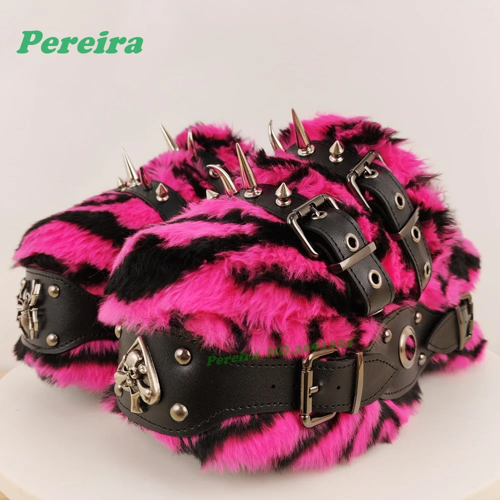 

Pink Fur Studded Belt-Buckled Slippers Spicy Girls Platform Patchwork Women's Mules Lolita Y2K Casual Shoes Rivet Gothic Shoes