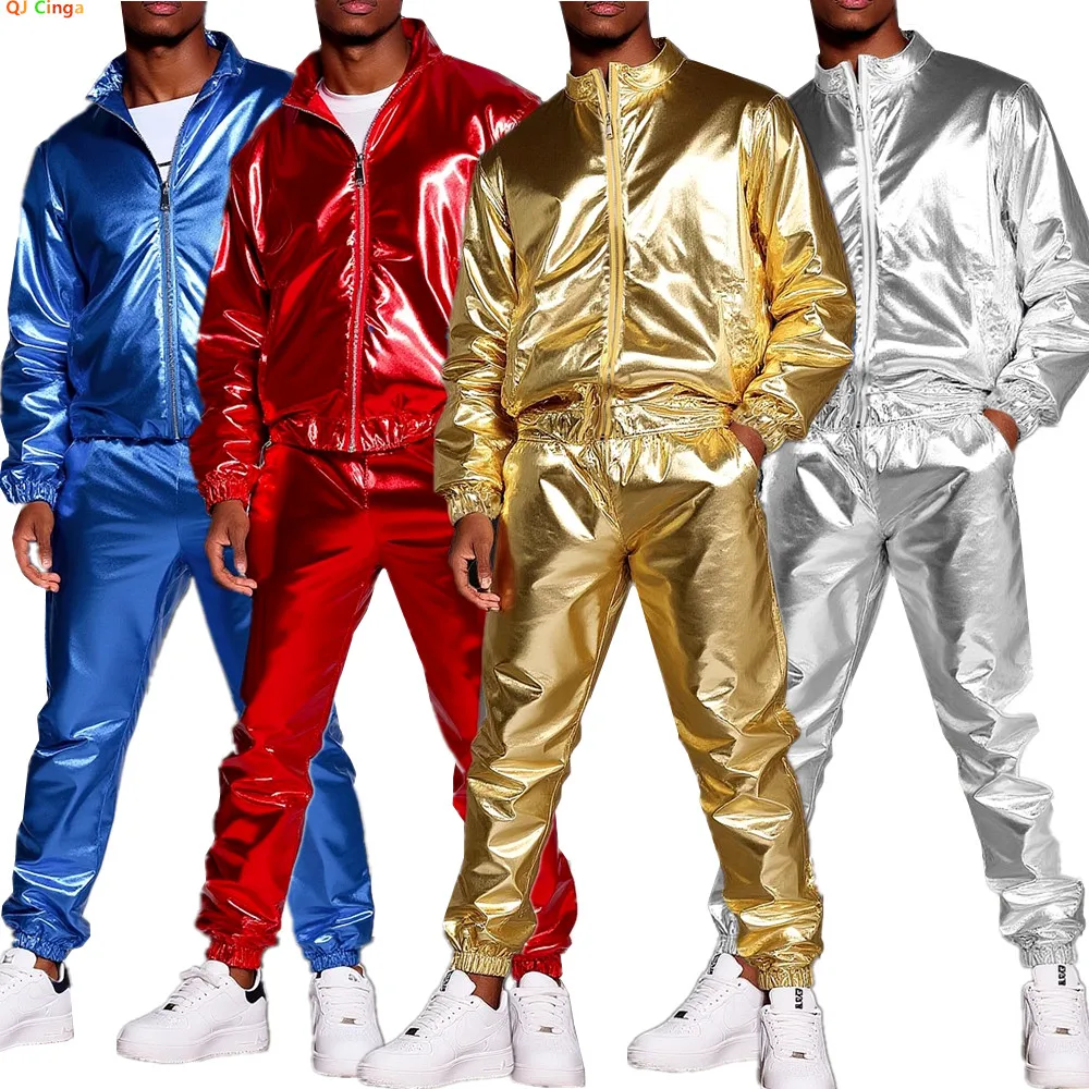 Lightweight Men's Silver Stand-up Collar Jacket Paired with Elastic Waist Pants, Gold Nightclub/Stage Performance Two-Piece Set.
