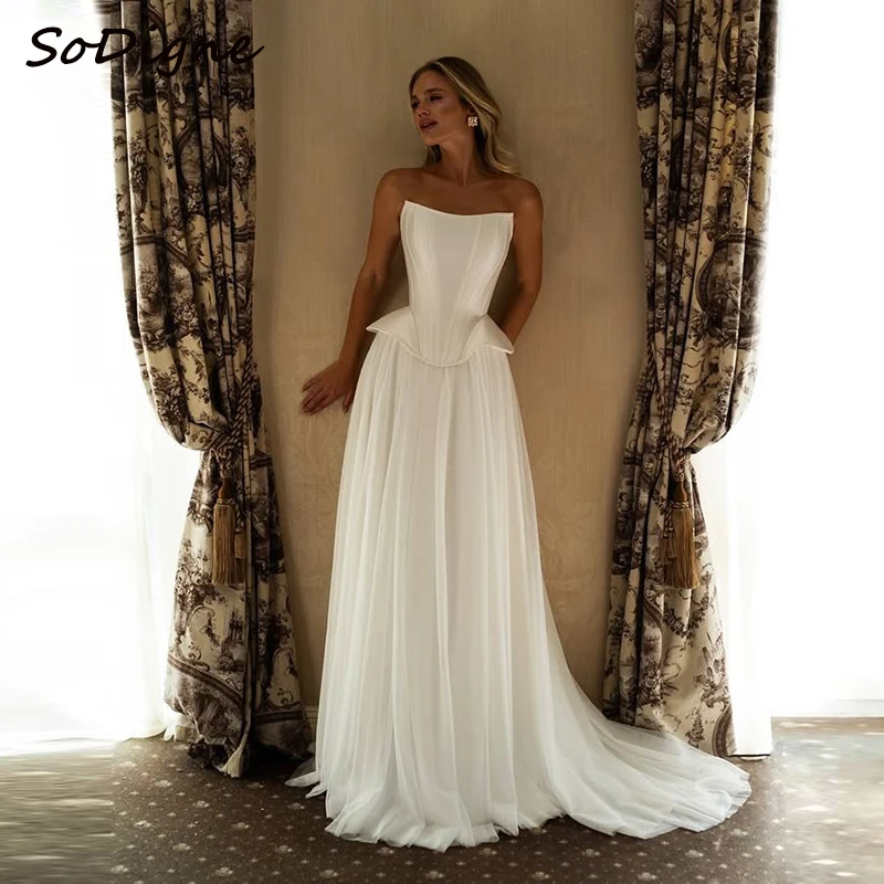 

SoDigne A-line Satin/Tulle Wedding Dresses Sleeveless Strapless Bride Dress Long Wedding Gown vestidos de novia Customized