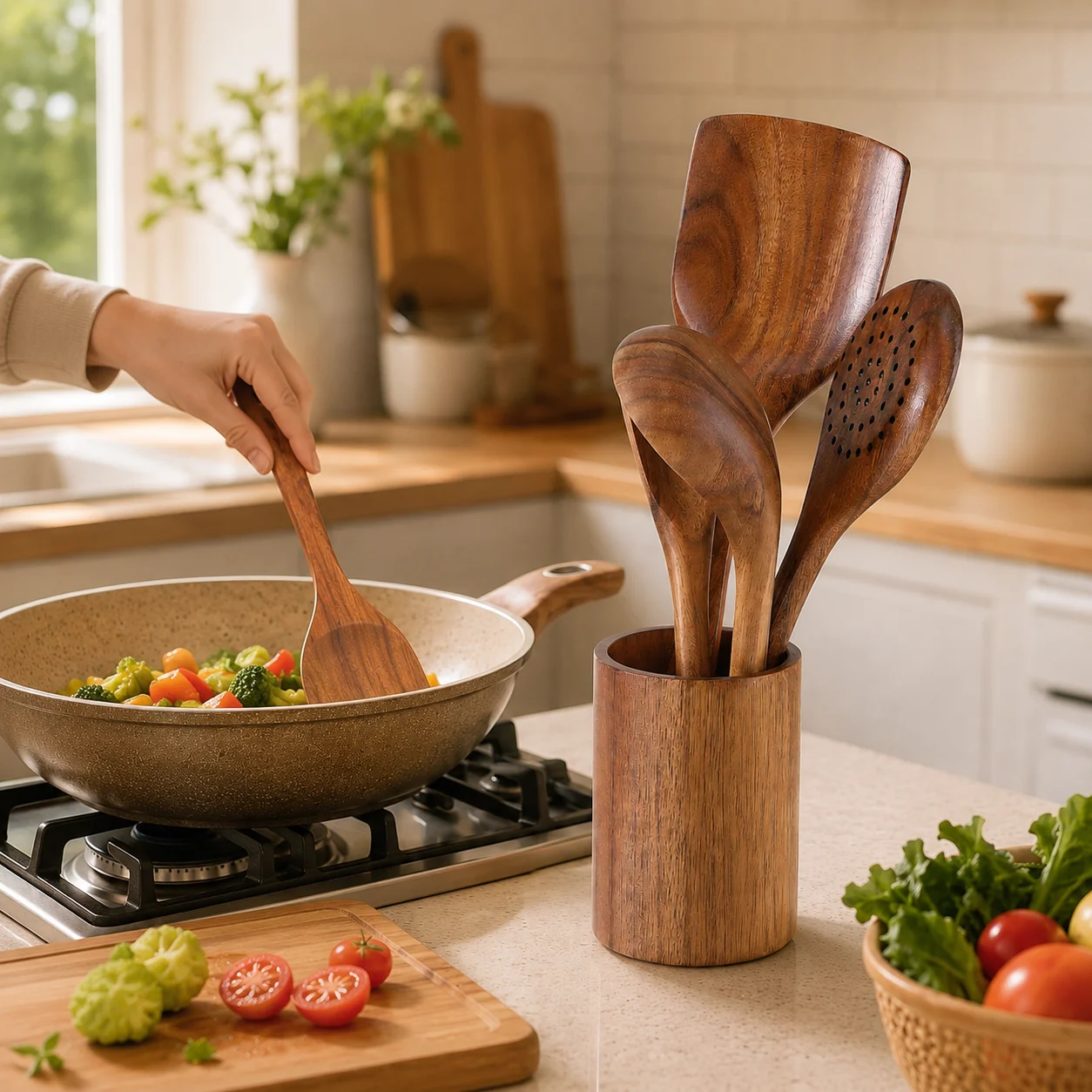 1Pc Acacia Wood Spoon and Spatula, 7 Different Styles, a Wooden Bucket Purchased Separately