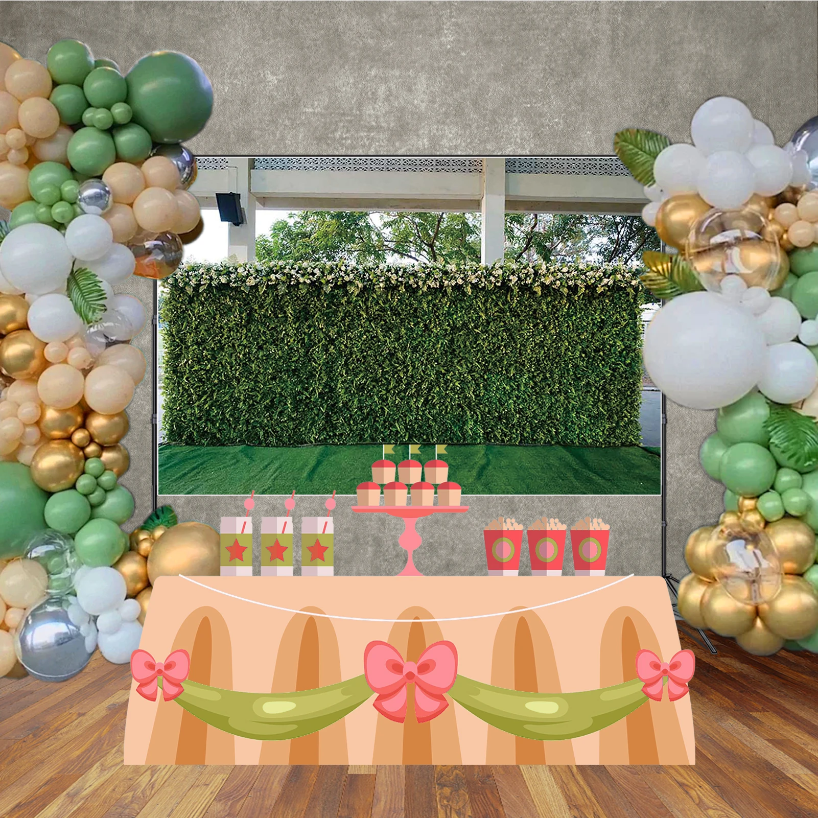 MOON.QG Fondo de fotomatón de boda globos drapeados tela flores hierba pared decoraciones de madera fondos para fotografías