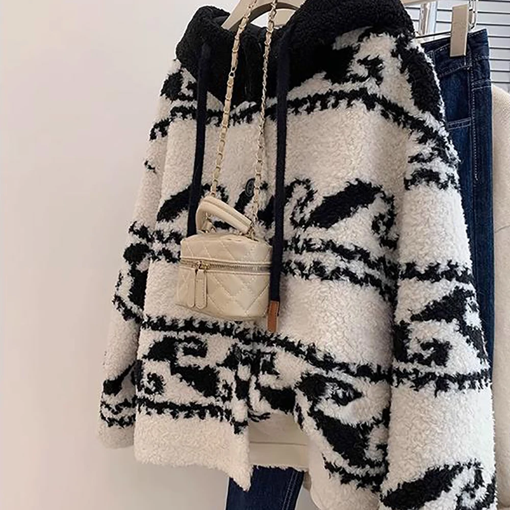 

Женские теплые кардиганы из овечьей шерсти, осенне-зимние пальто с капюшоном контрастного цвета, однобортные свободные верхние одежды с длинными рукавами