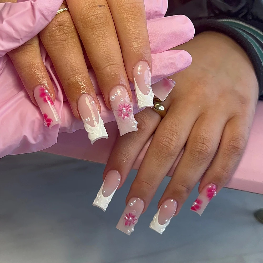 24 قطعة/المجموعة/مجموعة جلنيال ثلاثي الأبعاد يجعل زهور مربعة متوسطة مع تصميم لؤلؤي طرف فرنسي اضغط على الأظافر متوسطة تناسب أكريليك تمامًا F