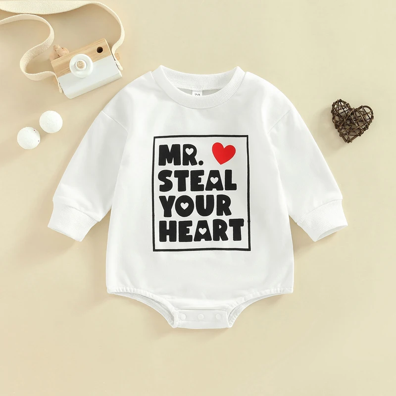 

Infant Toddler Unisex Fall Jumpsuit with Long Sleeves and Round Neckline Featuring Printed Letters and Hearts Casual