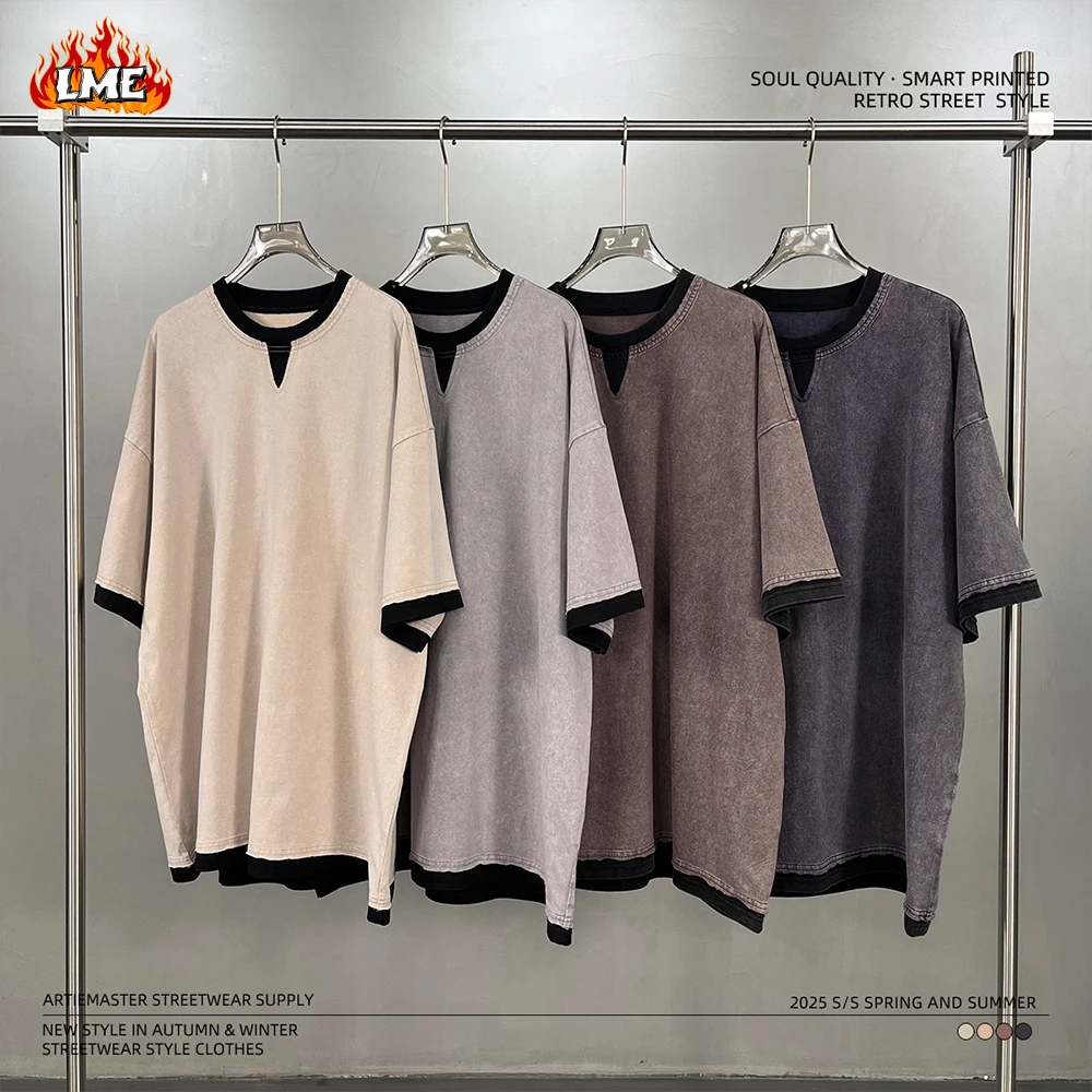 

LME 250G Contrast Colored Double Layer Shirt Vintag Batik Acid Washed Distressed Oversized 100% Cotton T-shirt For Men